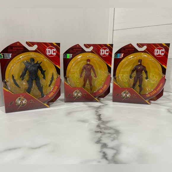 DC THE FLASH MOVIE 4” ACTION FIGURES. SET OF 3. THE FLASH-DARK FLASH-YOUNG BARRY - Picture 1 of 6